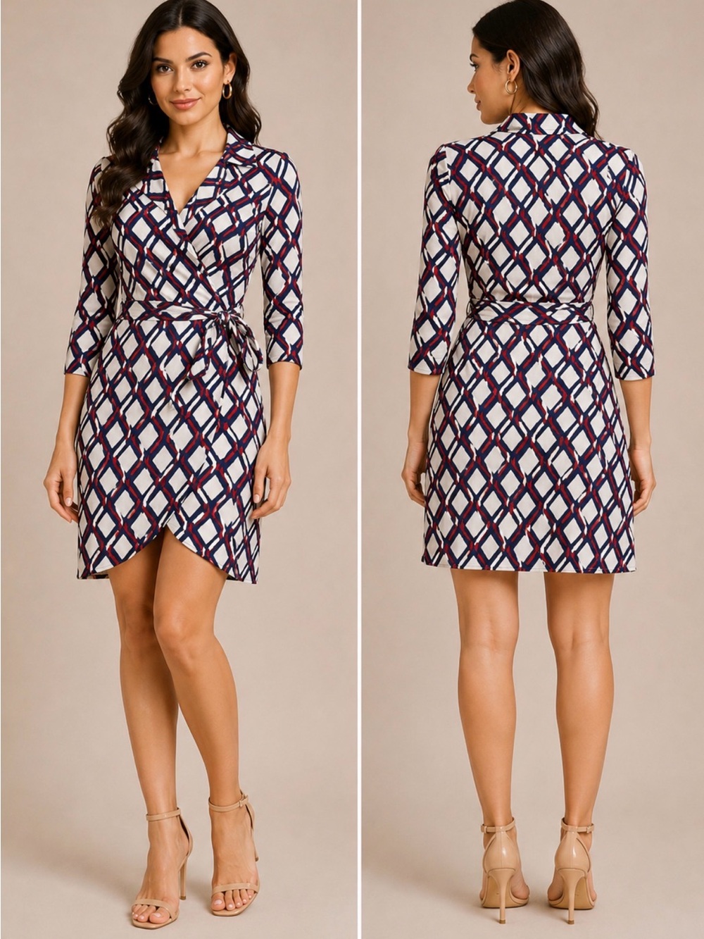 Pure Collection Navy, White & Red Geometric Wrap Midi Dress